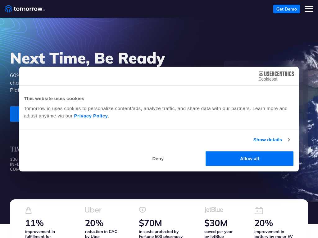Screenshot of the website of Tomorrow.io