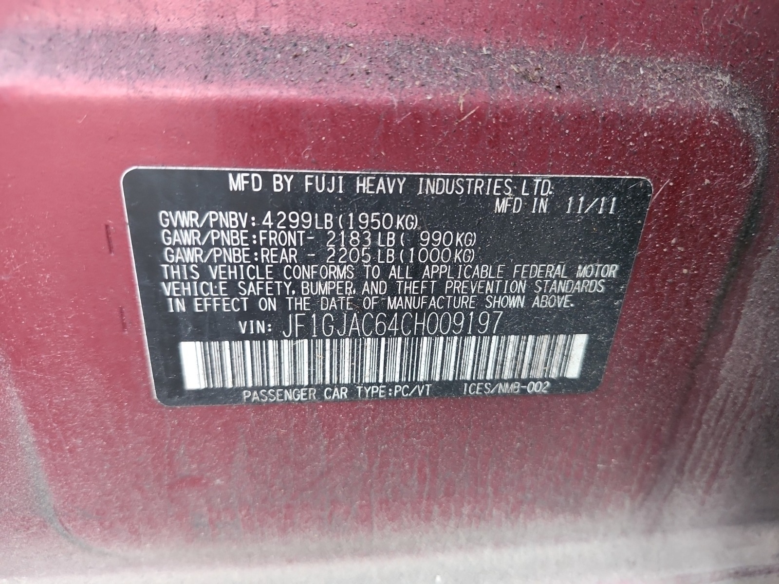 Photo 21 from auction – 2012 SUBARU IMPREZA 2.0I W/TOURING PKG with VIN JF1GJAC64CH009197
