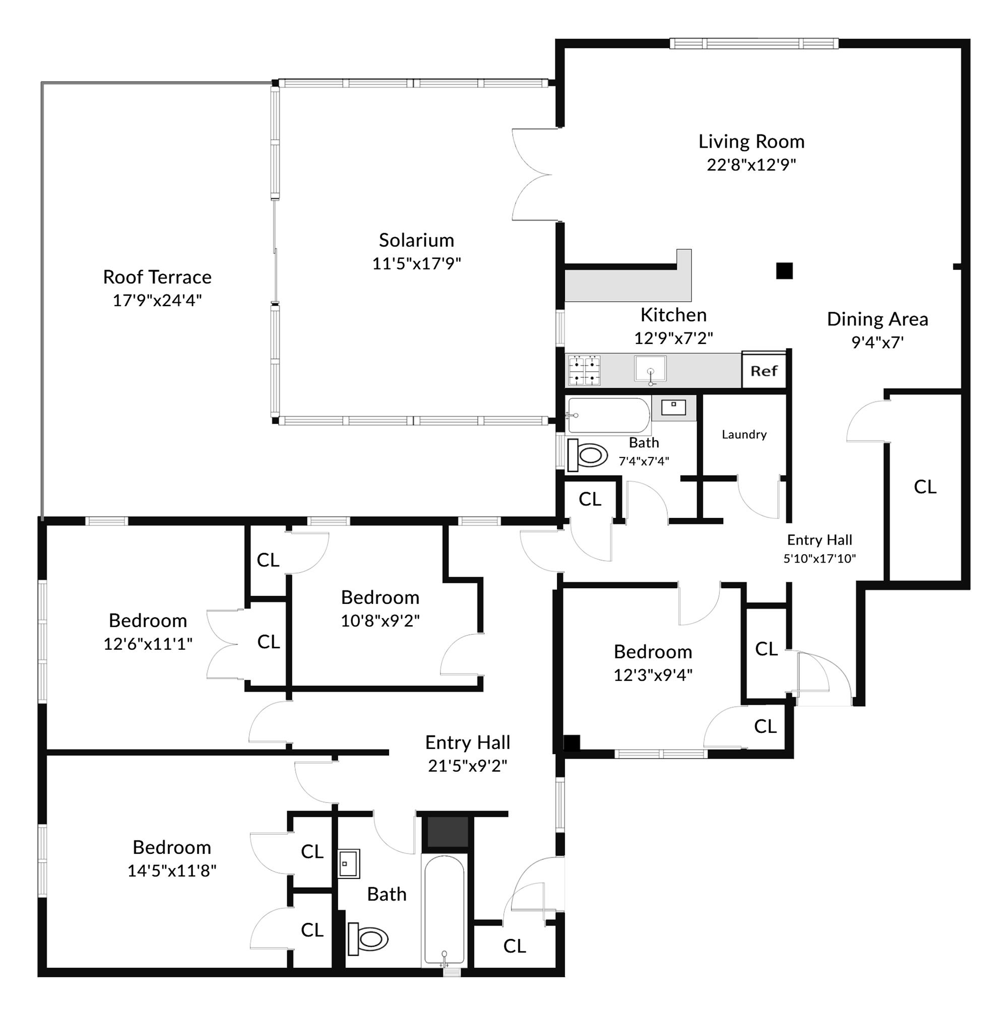 Spacious 4-Bd. Double Apartment with Glass Solarium & Large Private Roof Terrace + In-Unit Laundry Closet