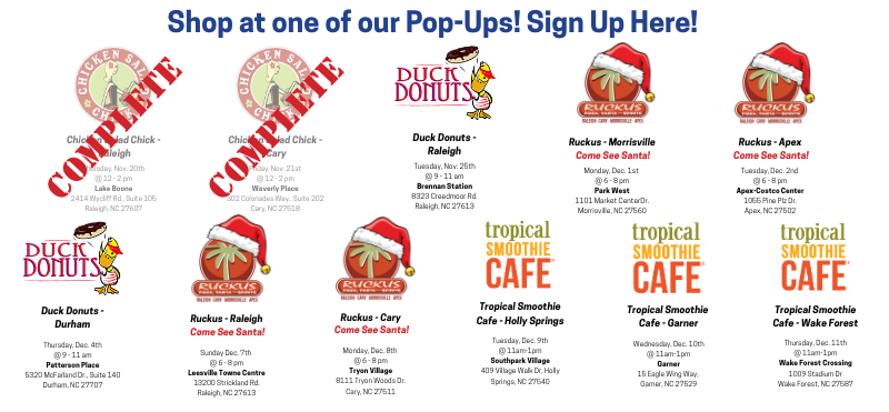 List of Pop up events, times, and locations