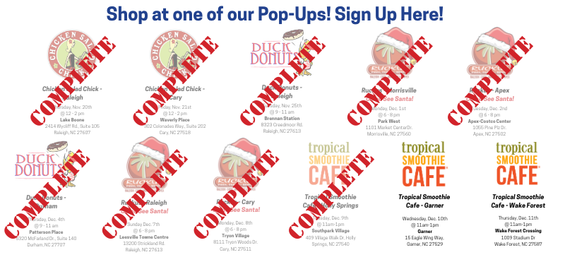 List of Pop up events, times, and locations