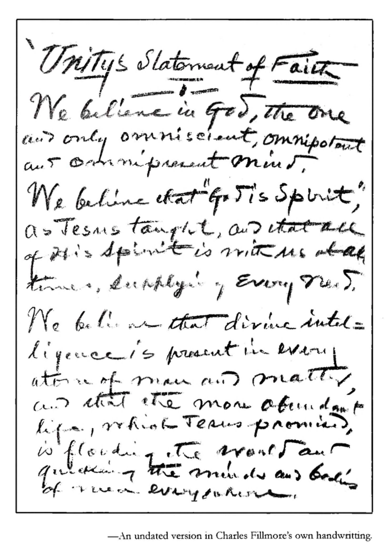 Statement of Faith in Charles Fillmore’s handwriting. Undated