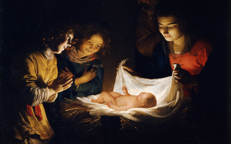 Adoration of the Child. Gerard van Honthorst 1619-1621. Public Domain.
