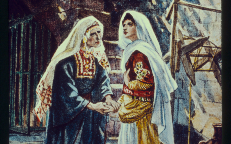 Mary goeth into the hill country of Judea and saluteth Elizabeth. William Hole, 1846-1917. Wikimedia Commons.