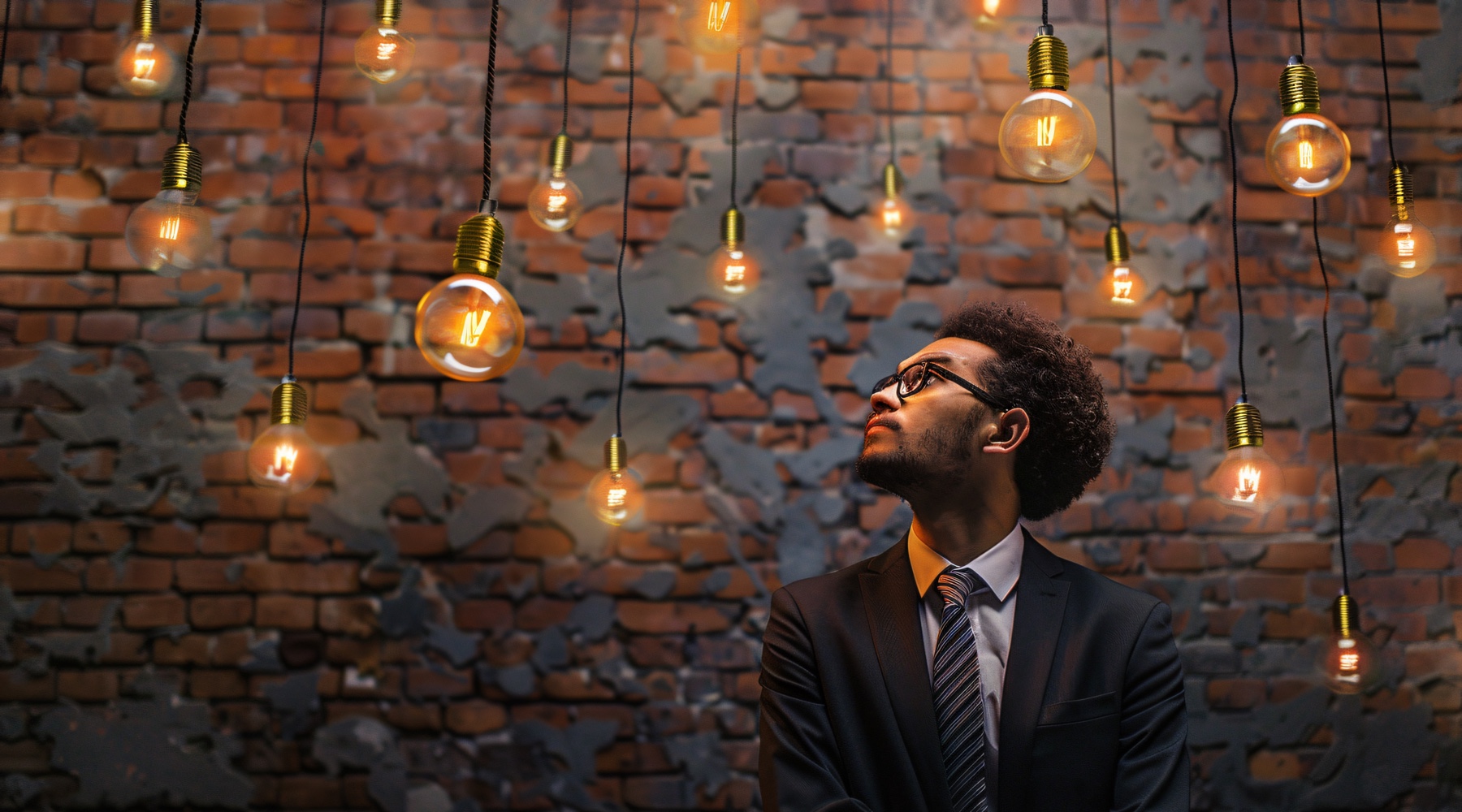 Man in suit standing front of brick wall with hanging lightsseries-2-lesson-10. Licensed from Freepik Company S.L.
