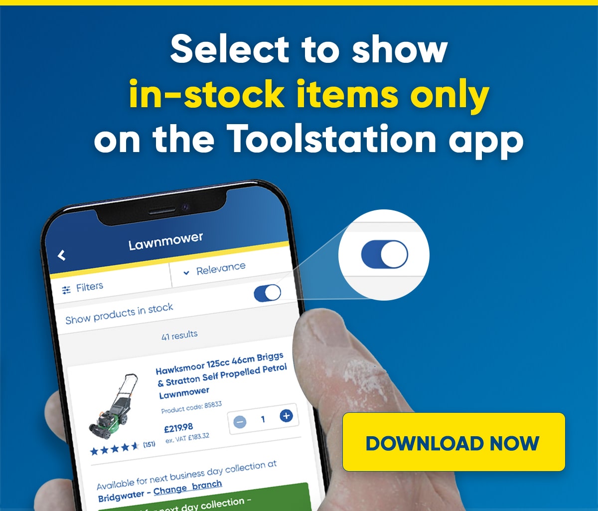 Toolstation app showing in-stock toggle