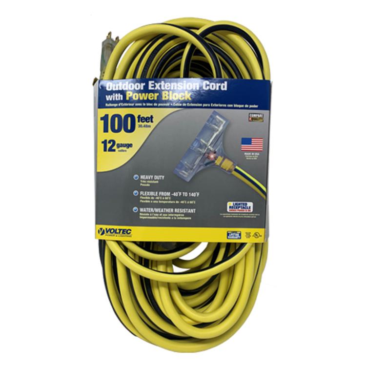 Voltec 100' Yellow 12/3 3Conductor Extension Cord 300V at TSW