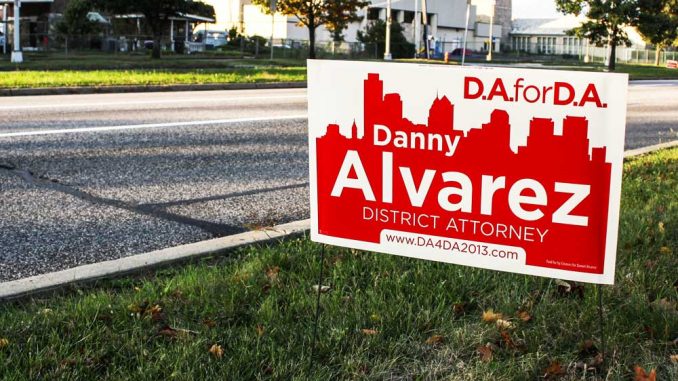 KelseyStranger_Election01-web A campaign lawn sign stands for district attorney candidate Danny Alvarez, who is running against incumbent Seth Williams. | Kelsey Stanger TTN