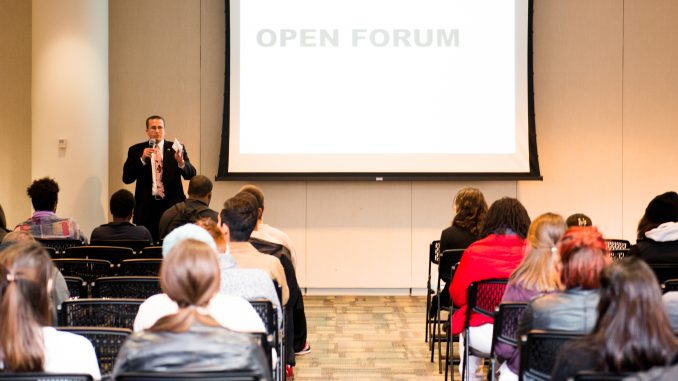 Darin Bartholomew speaks to an audience at the Temple Student Government general assembly meeting on Monday, Nov. 1. TSG announced talks with the university to address safety concerns. | Eric Dao TTN Darin Bartholomew speaks to an audience at the Temple Student Government general assembly meeting on Monday, Nov. 1. TSG announced talks with the university to address safety concerns. | Eric Dao TTN