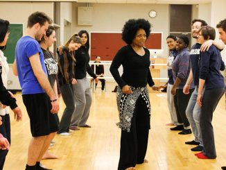 One day of class in the Embodying Pluralism course focused on teaching traditional African dance. Magira Ross (center), a guest lecturer, discussed the Middle Passage through dance. | Claire Sasko TTN
