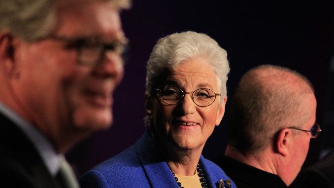 Mayoral candidate Lynne Abraham (center) looks at NBC10’s Jim Rosenfield, moderator of a debate held last Tuesday at the Kimmel Center. | Harrison Brink TTN Mayoral candidate Lynne Abraham (center) looks at NBC10’s Jim Rosenfield, moderator of a debate held last Tuesday at the Kimmel Center. | Harrison Brink TTN