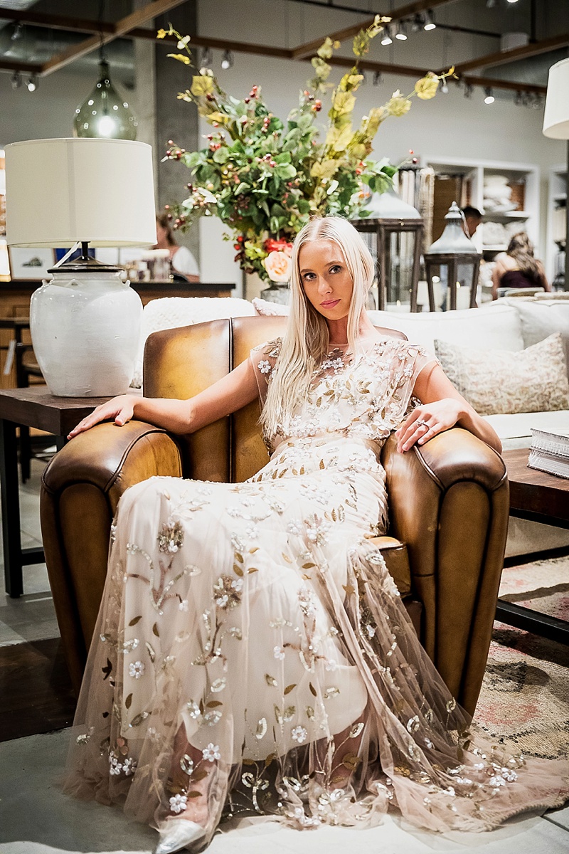 Gorgeous bride wearing cream and metallic BHLDN wedding dress