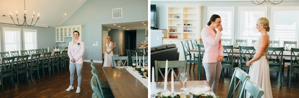 First look moment between two brides at Outer Banks beach house