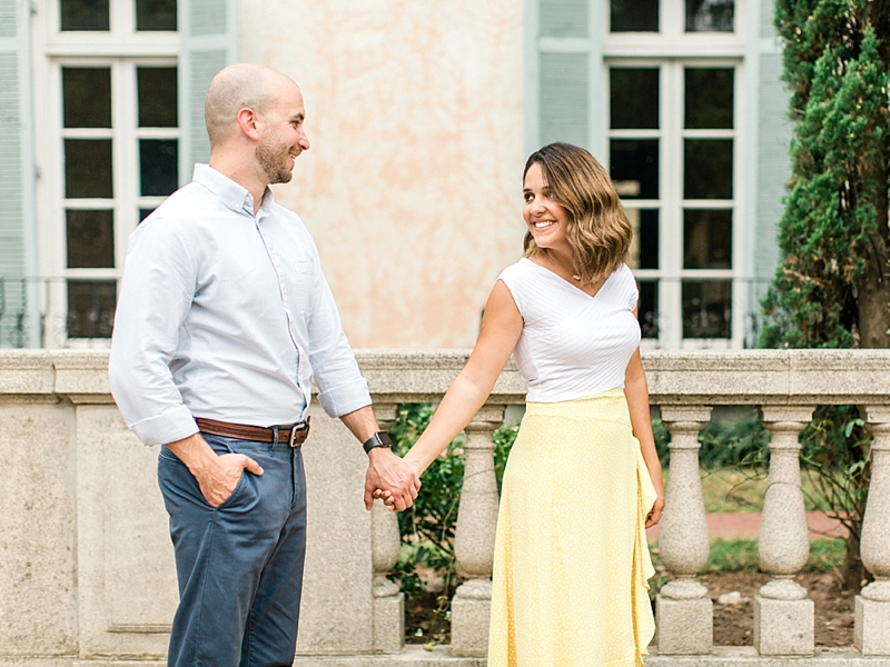 Yellow skirt and white top for springtime engagement pictures at Libby Hill Park in Richmond Virginia