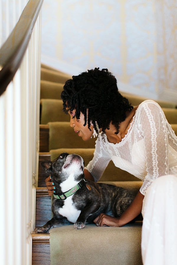 Bride and her sweet Frenchie pup on the wedding day