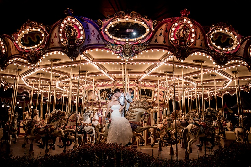 Hong Kong Disneyland wedding portraits in Fantasyland for destination couples