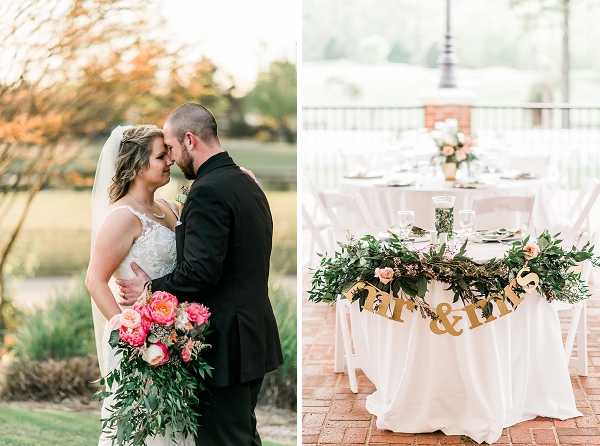 Sweetheart table with Mr and Mrs gold glitter banner