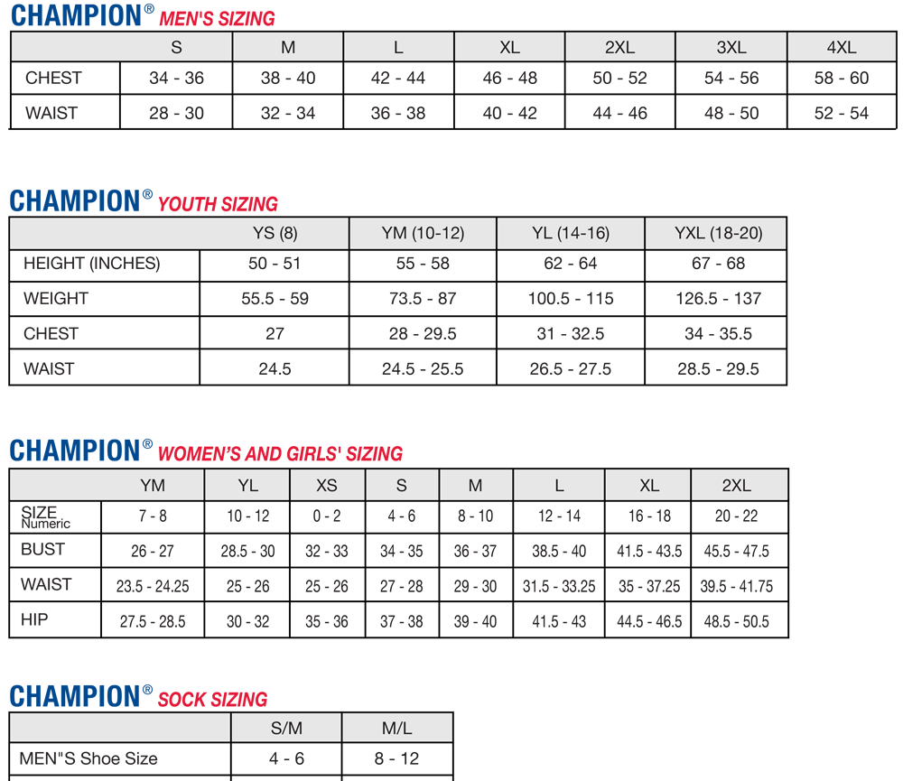 champion sweats size chart