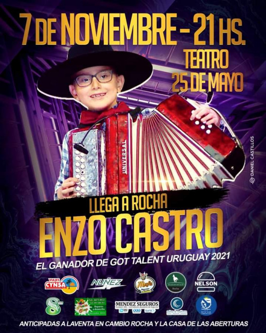 Show en vivo de Enzo Castro, ganador de Got Talent Uruguay, en Rocha
