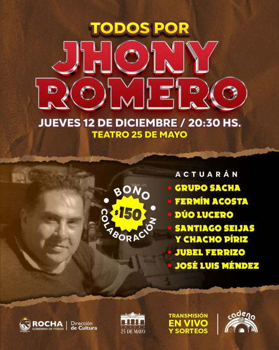 El Teatro 25 de Mayo de Rocha será el escenario de un evento solidario destinado a apoyar a Jhony Romero