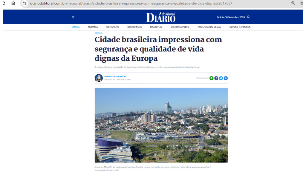 Jundiaí ganha destaque nacional por segurança e qualidade de vida, aponta Diário do Litoral