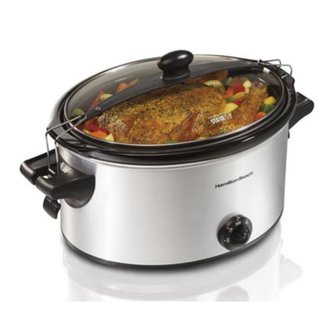 Image shows a photo of a Huntington Beach Slow cooker with a meal cooking inside.