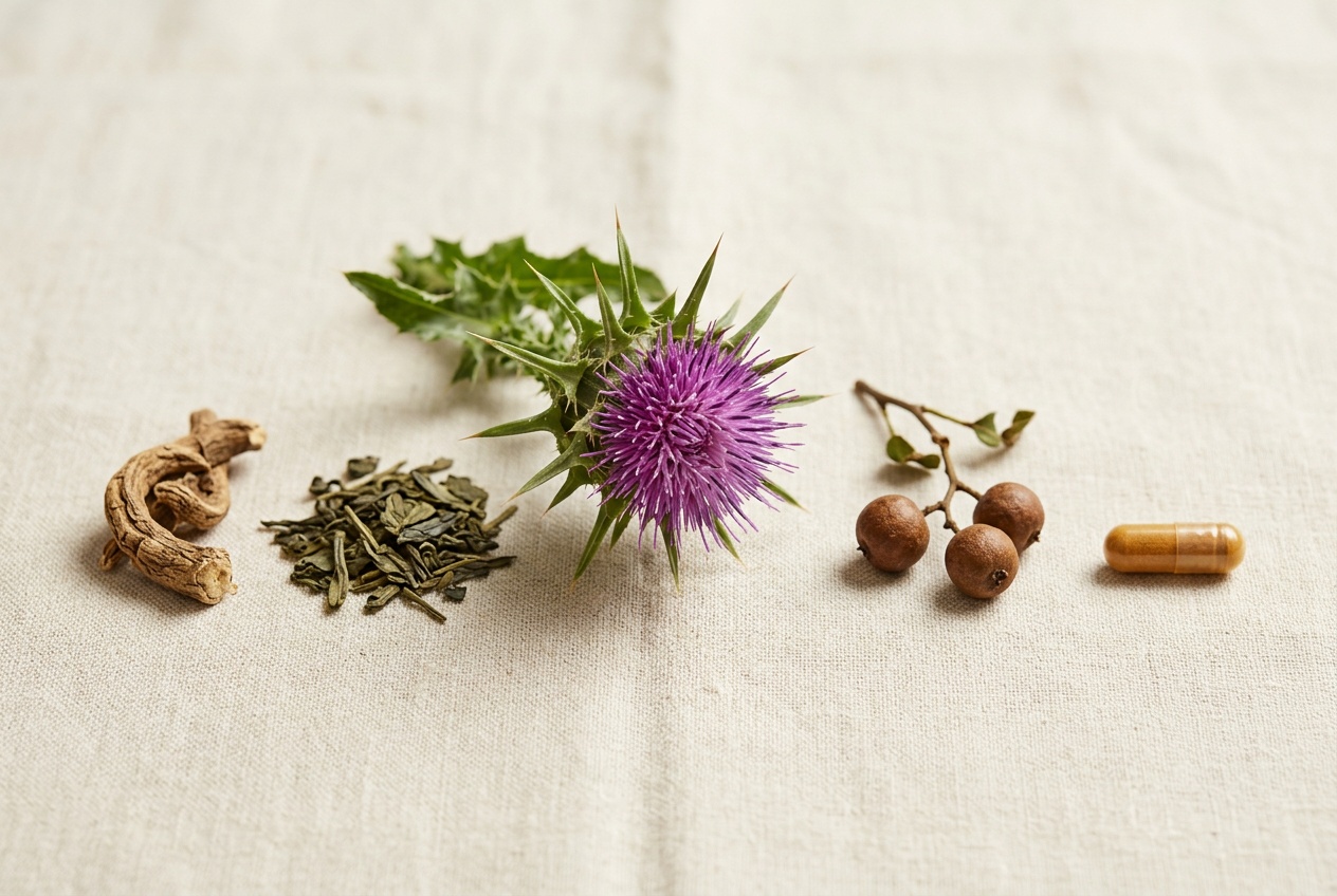 Editorial botanical still life. A sprig of milk thistle with its purple flower, a curled piece of ashwagandha root, a small pile of loose green tea leaves, a cluster of hovenia berries, and a single amber vegetable-cellulose capsule on warm cream linen in soft daylight.