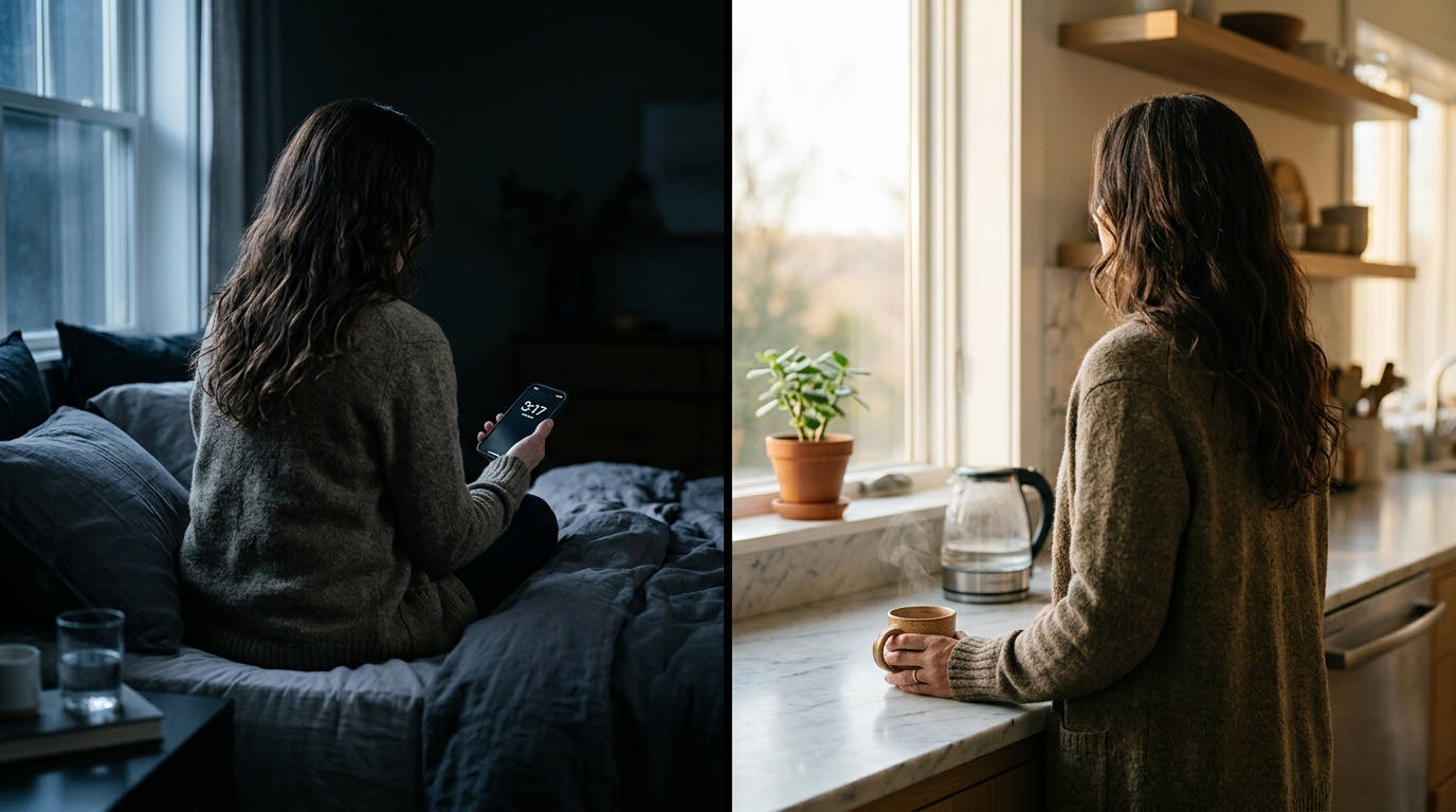 Editorial diptych. Left panel a woman at a 3:17 AM kitchen in silver light. Right panel the same woman at a 7:30 AM kitchen in warm dawn.