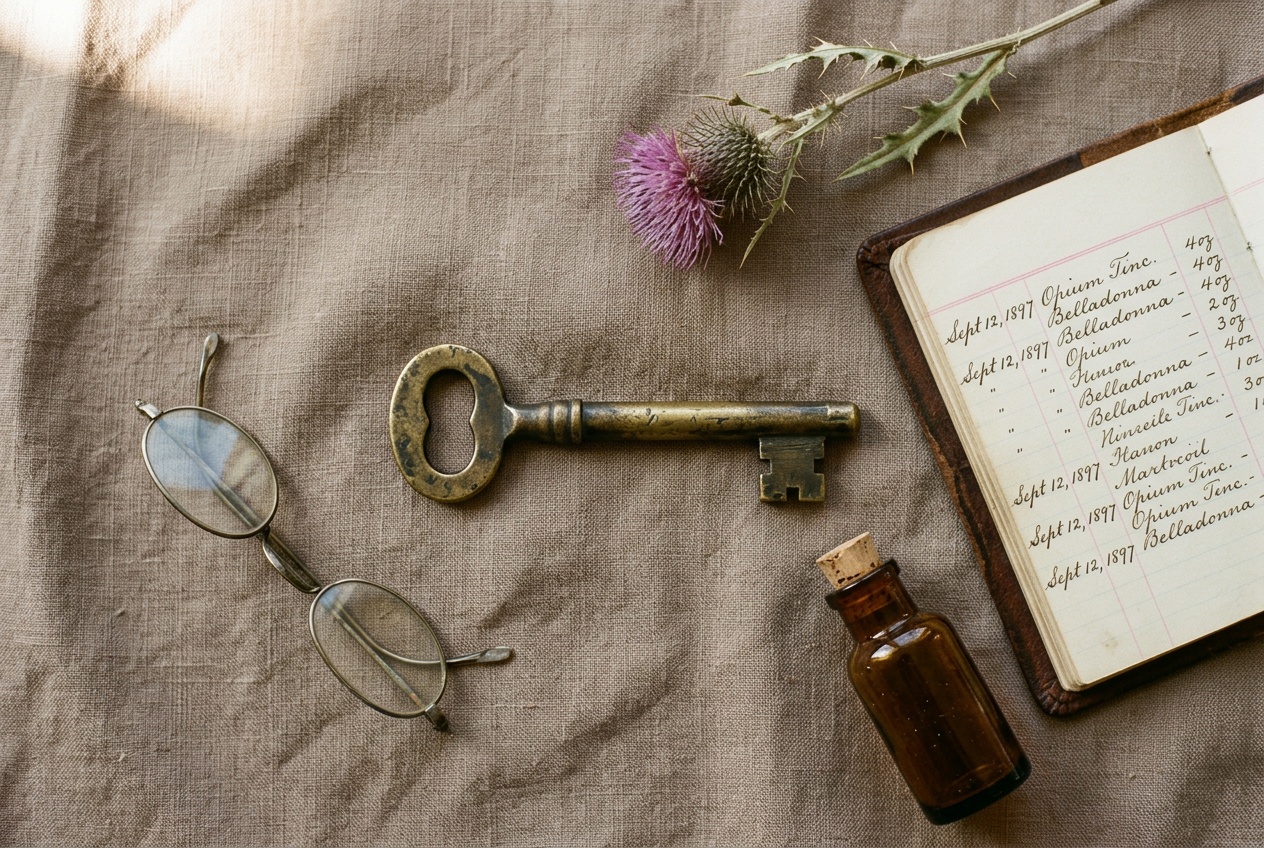 Editorial still life. A weathered brass key, an open ledger with tidy columns, and a sprig of dried milk thistle arranged on a warm taupe linen cloth.