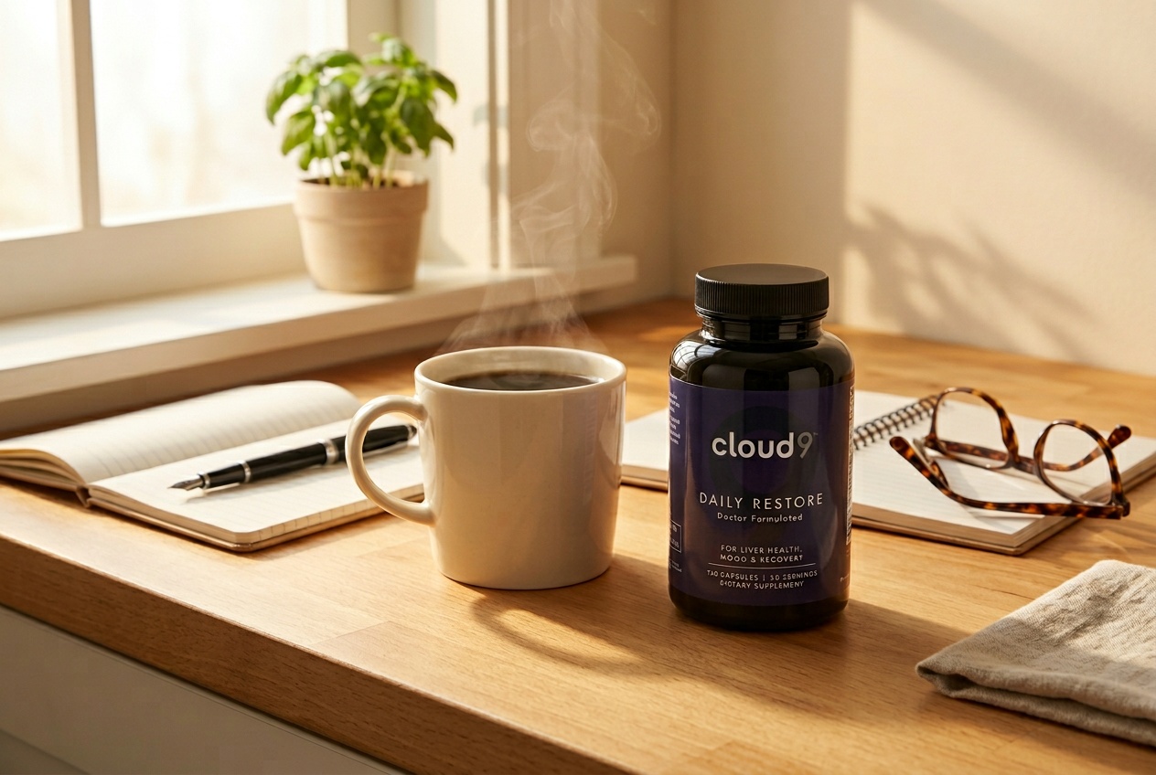 Editorial morning still life. A ceramic mug of black coffee with steam lifting off, the Cloud9 Daily Restore bottle to one side, a pair of reading glasses folded beside an open spiral notebook, and soft window light raking across a wooden kitchen counter.