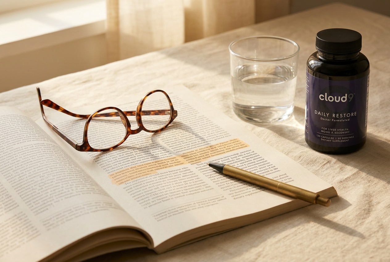 Editorial still life. An open peer-reviewed journal with a passage highlighted in soft amber, a pair of reading glasses folded on the page, a brass pen, a short glass of water, and the Cloud9 Daily Restore bottle to one side, on a cream linen cloth.