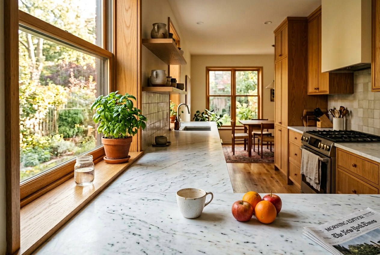 Editorial photograph of a quiet kitchen at 7:30 AM. Window light on a clean counter, one empty coffee cup, a small bowl of fruit, and a folded newspaper. The room feels awake and unhurried, not dragged into the day.