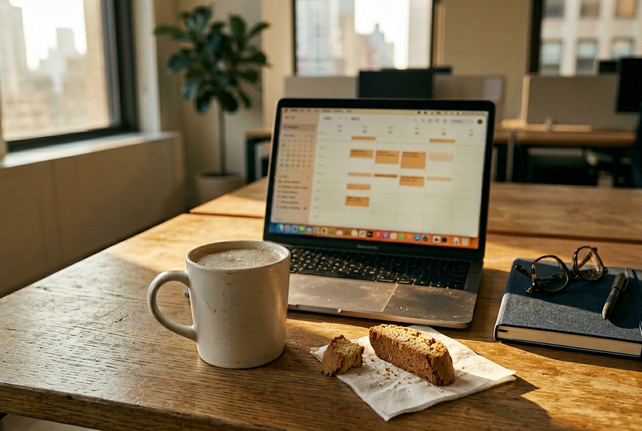 Editorial photograph of a muted office desk at 3 PM. A cooled white ceramic cup of coffee, a half-eaten biscotti on a napkin, a laptop with an open calendar, and late afternoon light raking across the keyboard.