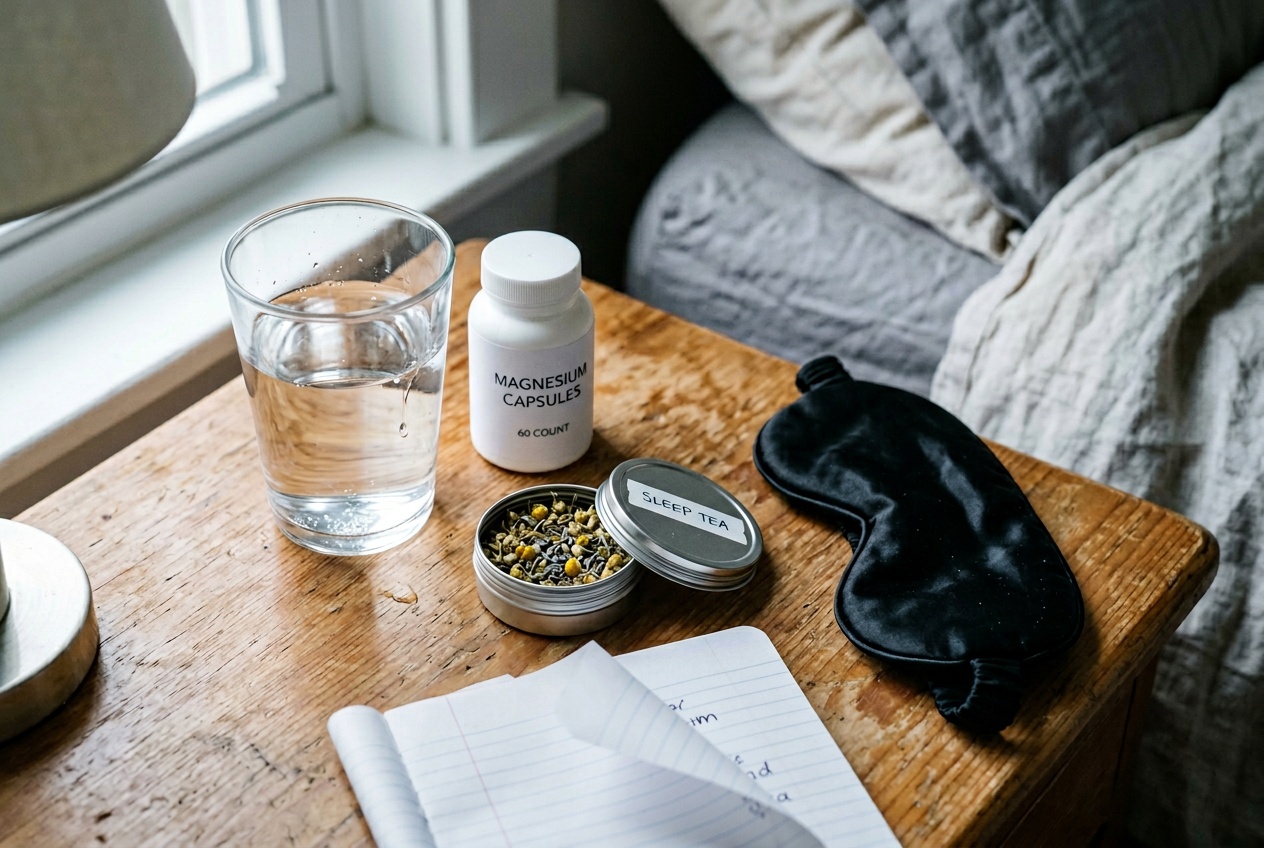 Editorial still life. A half-full water glass, a bottle of drugstore magnesium, a tin of herbal sleep tea, a wrinkled black sleep mask, and a folded to-do list on a wooden bedside table at 6 AM, in soft morning light.