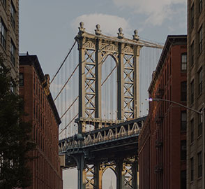 Manhattan Bridge view from street in DUMBO Brooklyn outside flexible office spaces rentals by Two Trees.
