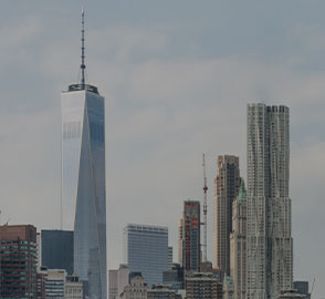 Manhattan skyline and One World Trade Center building view from Two Trees office space rentals in NYC.