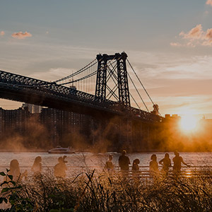 Williamsburg Bridge view in Brooklyn's Domino Park near Two Trees commercial space rentals in NYC.