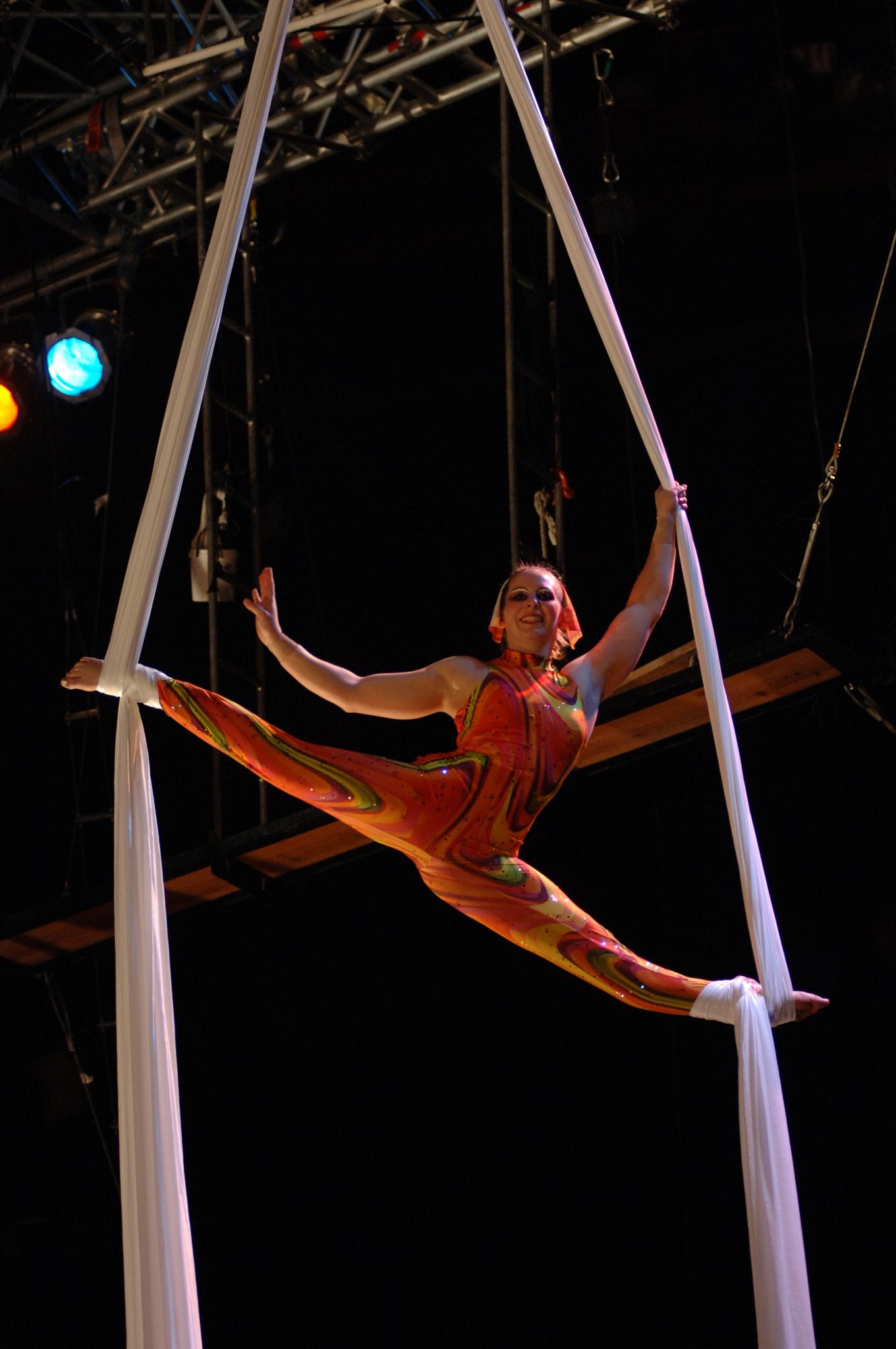 Rebecca Nemecek performing aerial silks in the Gamma Phi Circus at Illinois State University. 