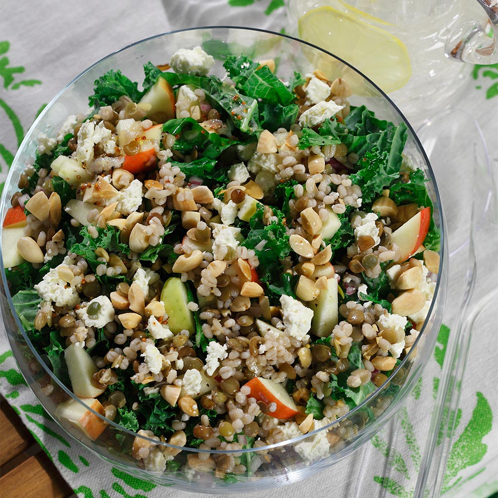 Barley & Lentil Salad with Kale, Apples, Almonds, & Feta