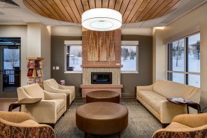 Photo of a fireplace in the front entrance of Yampa Valley Medical Center.