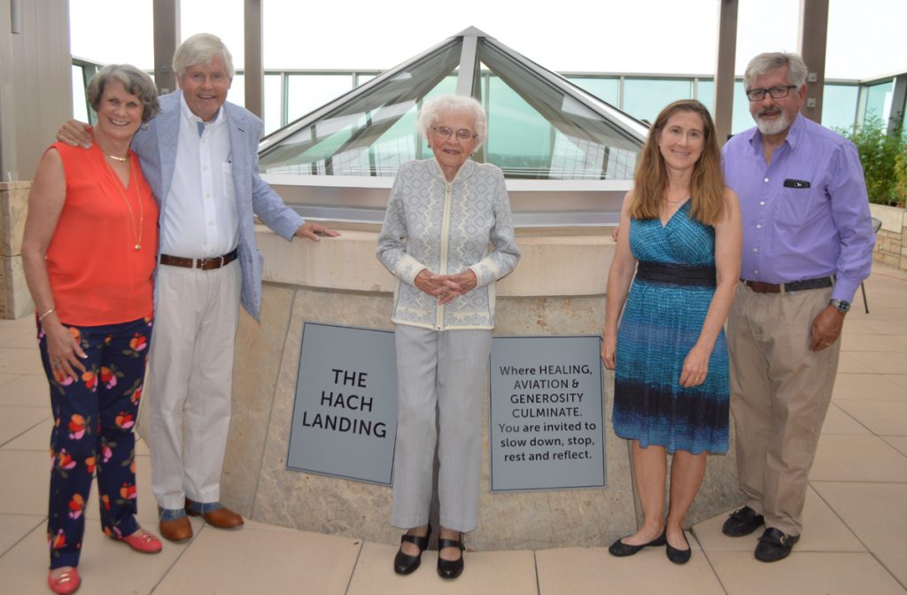 Muriel Hach, Bruce Hach, Kathryn (Kitty) Hach, Amy Hach and Paul Hach, gather at a recent special celebration at The Hach Landing outdoor deck on the fifth floor at UCHealth Medical Center of the Rockies in Loveland.