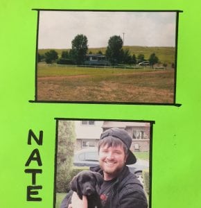 A picture of a green card with photos of Nathan Kissack, his dog and his ranch. His grandmother made cards like this to keep Nathan's spirtis up during his hospital stay.