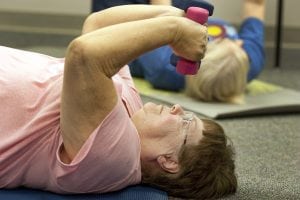 : Pam Carnahan, 68, participates in her weekly “Strong People” class