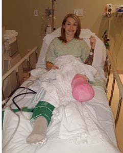 A young woman wakes up in a hospital bed after she had to have an amputation.