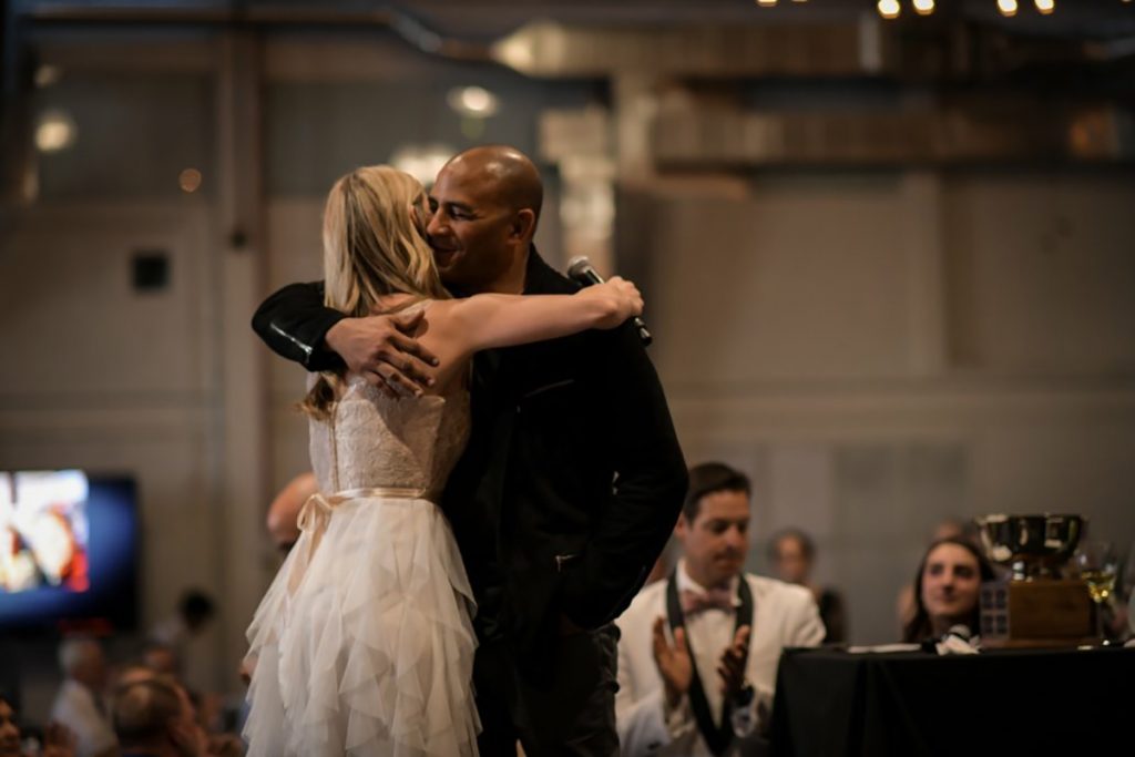 Jeff Bramstedt, a liver transplant donor, hugs his recipient, Melinda Ray.