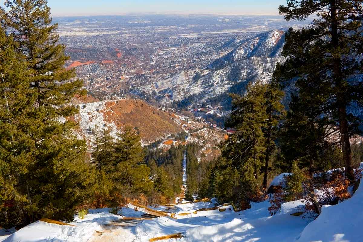 snow covered view of the manitou incline from the top.