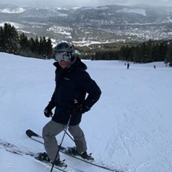 man on skis after cysts in the pancreas removed.