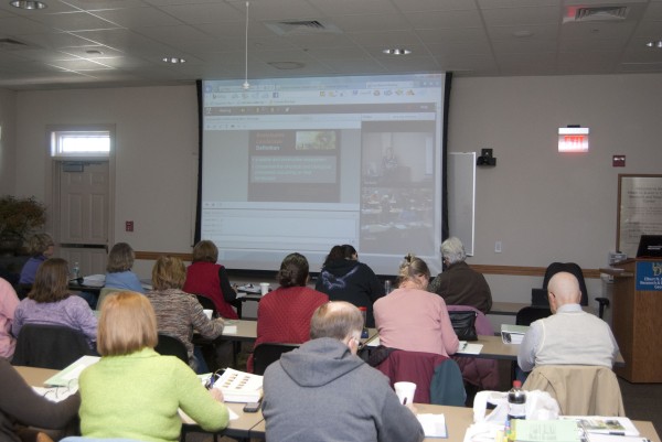 Master Gardeners listen to a Sustainable Landscape lecture via technology. Barton usually teaches in person, but the distance technology is occasionally used when convenient or a conflict in a schedule. A live Q & A session is incorporated with distance learning