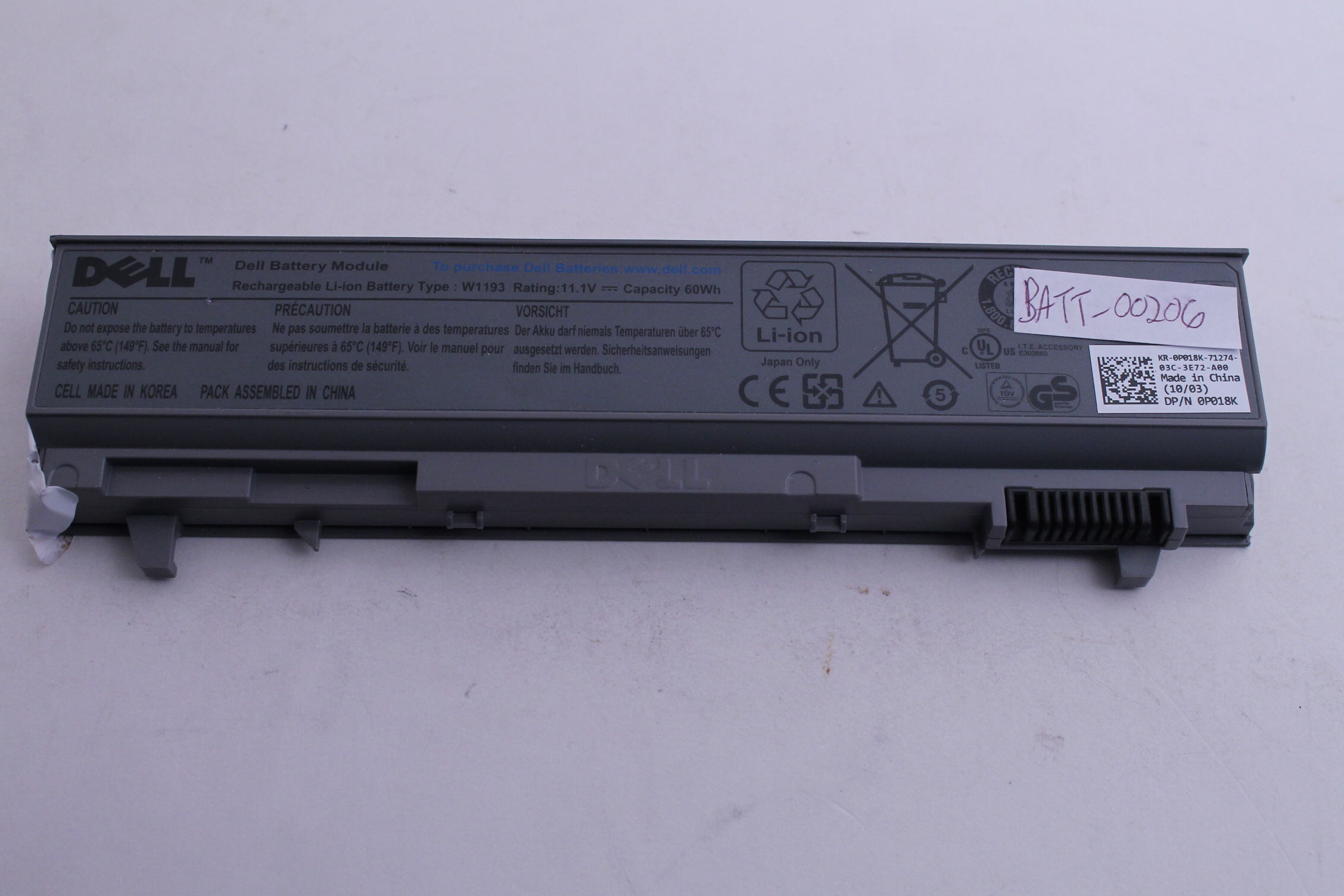 Dell Original OEM Genuine Latitude E6510 6 Cell Battery W1193 P018K 60 WHr