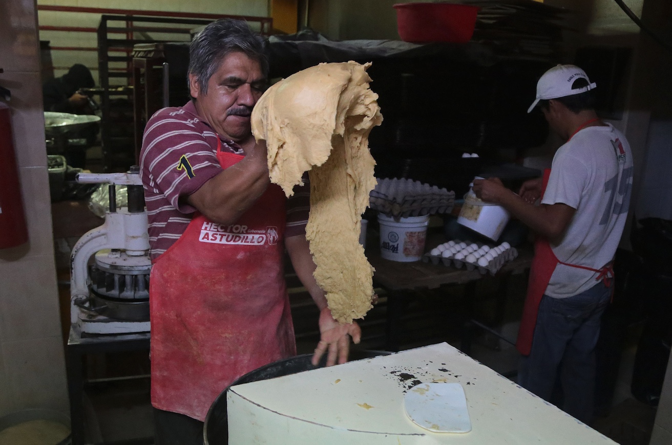 Maestros panaderos de la pastelería Doña Maga, de Chilpancingo, preparan la masa para elaborar roscas de Reyes, tradición que tiene más de 60 años en este negocio. Los trabajos de elaboración inician a las 6 de la mañana. Foto: Jessica Torres Barrera
